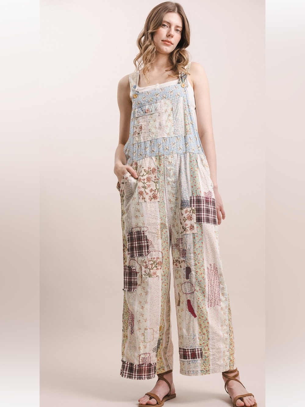 415 ❤️BlueVelvet FLORAL PRINT DENIM PATCHWORK OVERALLS